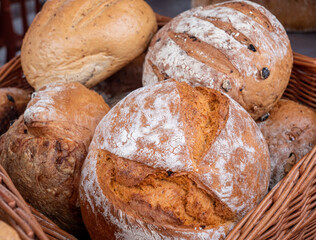 Assorted organic artisan made bread on sale at a farmers market