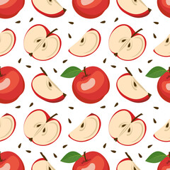 Seamless background with red apples, seeds and leaves. A cute summer or spring print with whole and halved fruits. Festive decoration for textiles, wrapping paper and design