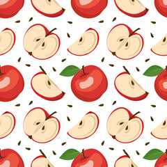 Seamless background with red apples, seeds and leaves. A cute summer or spring print with whole and halved fruits. Festive decoration for textiles, wrapping paper and design