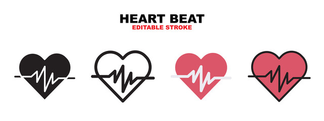 Heart Beat icon set with different styles. Icons designed in filled, outline, flat, glyph and line colored. Editable stroke and pixel perfect. Can be used for web, mobile, ui and more.