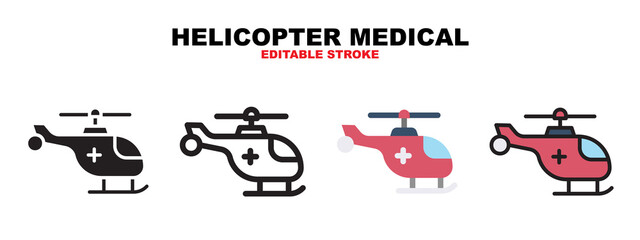 Helicopter Medical icon set with different styles. Icons designed in filled, outline, flat, glyph and line colored. Editable stroke and pixel perfect. Can be used for web, mobile, ui and more.