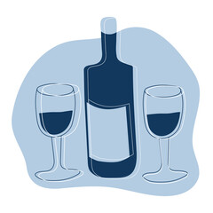 Abstract print, minimalism. Wine bottle with two glasses. Caricatures, hand-drawn. Celebrating the holiday. Vector print on clothes