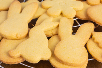 assortment of easter and spring cookies on a cooling rack