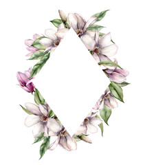 Watercolor rhombic frame of magnolias. Hand painted floral border of flowers, leaves and branches isolated on white background. Spring illustration for design, print, fabric or background.