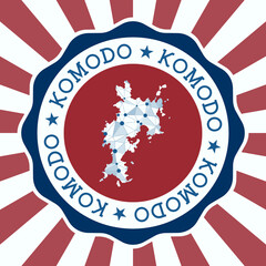 Komodo Badge. Round logo of island with triangular mesh map and radial rays. EPS10 Vector.