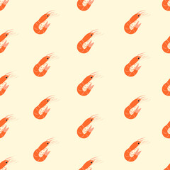 seamless pattern with orange shrimps arranged in rows on a light background