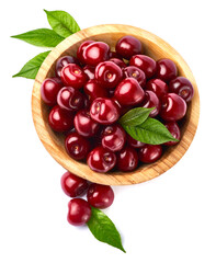 wooden bowl of sweet cherry fruits isolated on white background