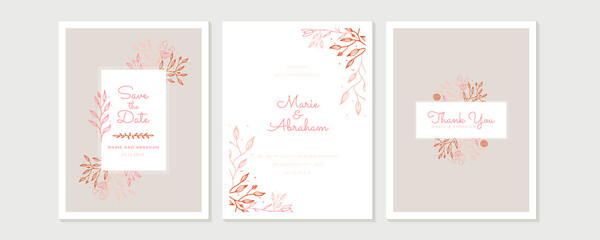 Minimalist wedding invitation card template design, floral black line art ink drawing with square frame on light grey