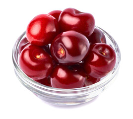glass bowl of sweet cherry fruits isolated on white background