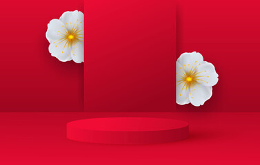 Minimalistic scene with red cylindrical podium and spring flowers. Scene for the demonstration of a cosmetic product, showcase. Vector