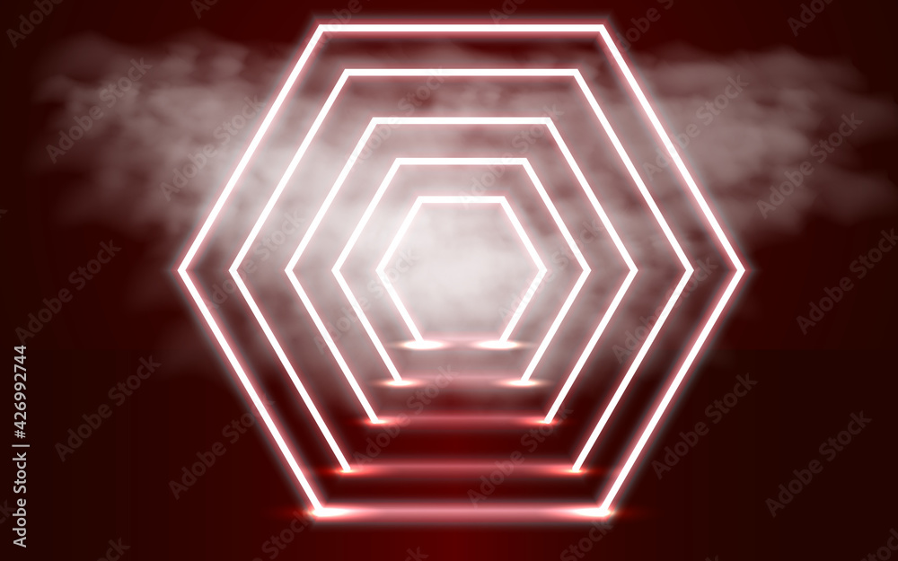 Fototapete neon abstract red background with geometric shapes and clouds