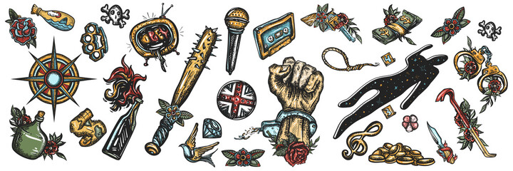 Tattoo elements collection. Big set for design. Colorful old school tattooing style. Vector illustration