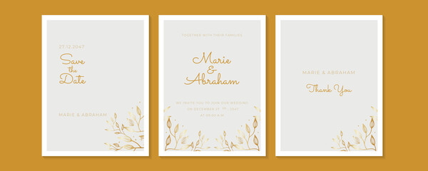 Ornate wedding invitation, table number, menu and place card. Swirl floral templates. Classic vintage design.
