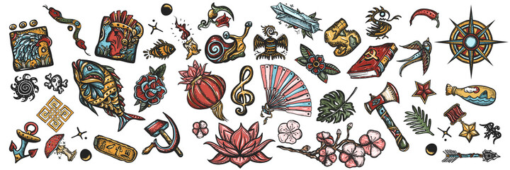 Old school tattooing style. Big set for design. Colorful tattoo elements collection