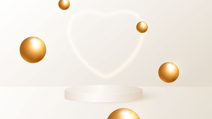 A minimalistic scene with a beige cylindrical podium and flying golden balls. Scene for the demonstration of a cosmetic product, showcase. Vector