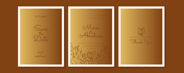 Design wedding invitation template set. Abstract texture elements and golden frames on a black background are hand-drawn with floral and leaf element design
