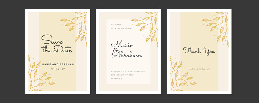 Design wedding invitation template set. Abstract texture elements and golden frames on a black background are hand-drawn with floral and leaf element design
