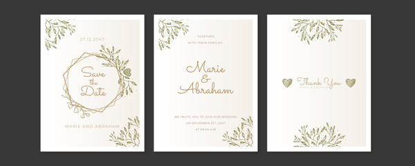 Ornate wedding invitation, table number, menu and place card. Swirl floral templates. Classic vintage design.