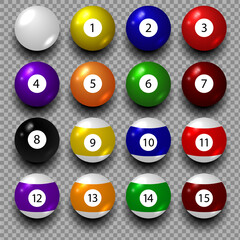 Set of balls for billiards on a transparent background.