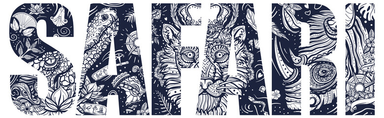 Safari slogan. Double exposure lettering. African wild animals portrait. Royal lion, evil crocodile and romantic rhino. Typography art. Tattoo style. Vector graphics. Africa zoo lifestyle