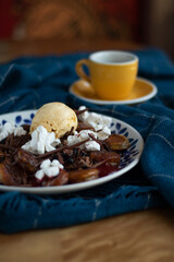 
sweet dessert made of pancakes, chocolate, ice cream and marshmallows