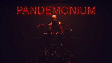 Spider Woman Demon Multi Arms Sitting on a Pile of Skulls with Neon Pandemonium Sign on the Wall Gates of Hell 3d Illustration render	
