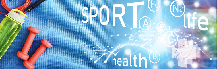 Fototapeta premium Sport and healthy lifestyle. Accessories for sports. Yoga mat dumbbell and jump rope. Sports background home exercises concept.