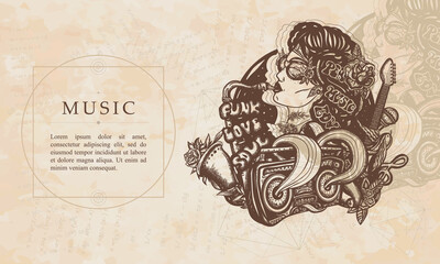 Music. Jazz, funk, soul, disco. Karaoke concept. American hippie woman. Musical girl, saxophone, guitar and retro boom box. Renaissance background. Medieval manuscript, engraving art