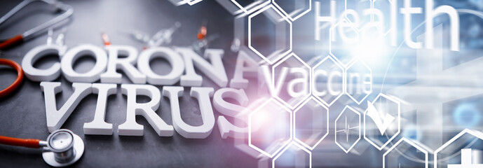 Double exposure. Medical background. Coronavirus wooden letters. Background of the deadliest pandemic virus in the world. Vaccine for the virus.