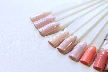 Manicure color options gel polish on a special palette in the beauty salon. Space for the text. Close-up