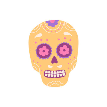 Ornamental sugar skull, symbol of dia de los Muertos, day of the death. Hand drawn festive ethnic element, yellow and purple colors. Vector illustration, graphic design isolated on white background 