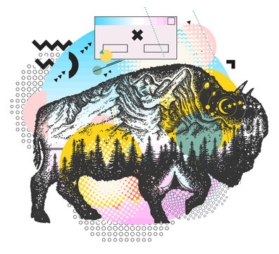 Buffalo bull. Double exposure animals. Tourism symbol, adventure, great outdoor. Vaporwave art. Surreal pop culture style. Zine culture concept