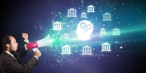 Young person with megaphone and business icon