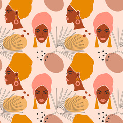 Background with tropical leaves and a black woman.