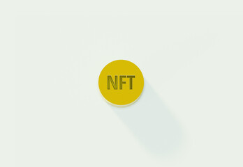 NFT Token creative minimalistic illustration. Clean image of a thick gold token coin with shadow on white background with NFT text on it. Abstract technology background for any purposes. 3D rendering