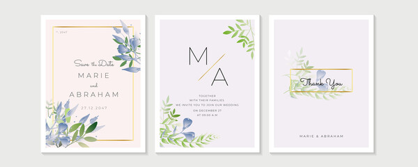 Wedding Invitation, menu, rsvp, label, table number, envelope. Floral design green watercolor fern leaves, foliage greenery decorative frame print. Vector elegant cute rustic greeting, invite postcard