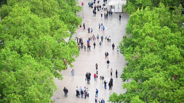 Barcelona, Spain. Aerial overhead view of La Rambla from a high viewpoint Slow motion