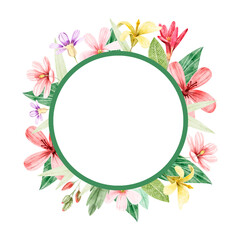 Watercolor frame with cute bright flowers and leaves
