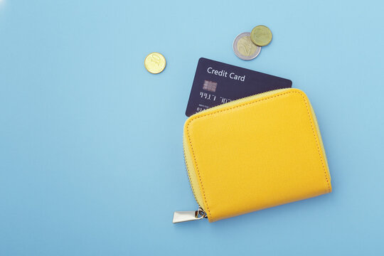 Credit card in wallet with coins on blue background