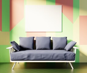 Empty frame template on a color wall above grey couch. 3D rendering.