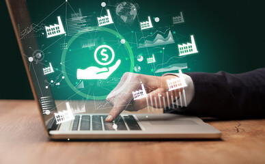 Business hand working on laptop, successful business concept
