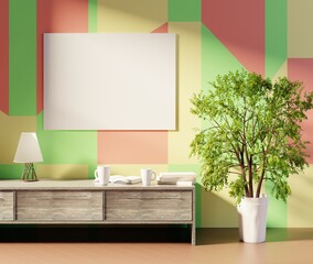 Empty frame template in color interior with table and home plant. 3D rendering.