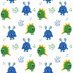 Seamless vector pattern with cute funny monsters. Kids background for posters, textile, packing toys, postcards, wallpapers in kids room. Print for pajamas.