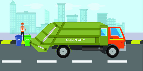 Garbage truck. Trash sorting, recycling vector illustration