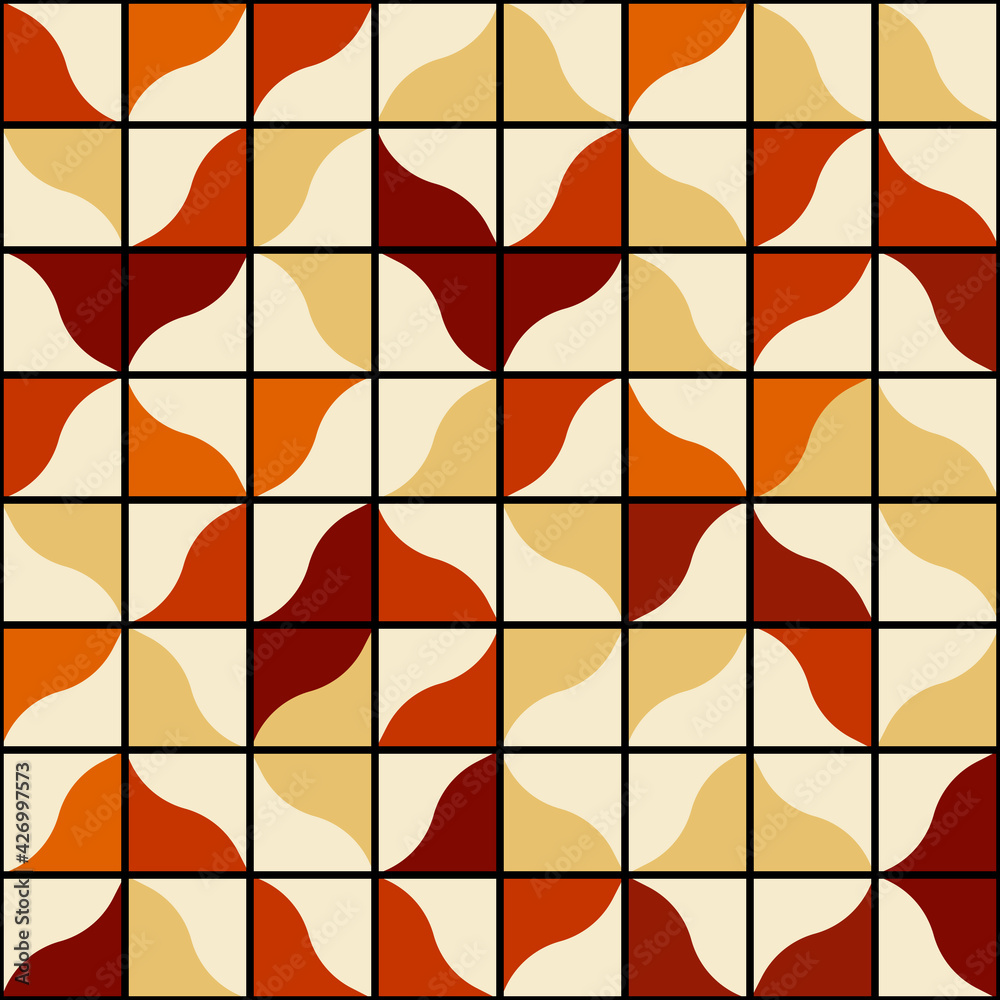 Poster Brown and white tile pattern. Same shape but random location mosaic tile.  Each tile has two halves. Vector.