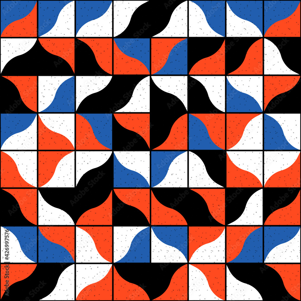 Poster Red and blue tile pattern. Same shape but random location mosaic tile ornament.  Each tile has two halves. Vector.