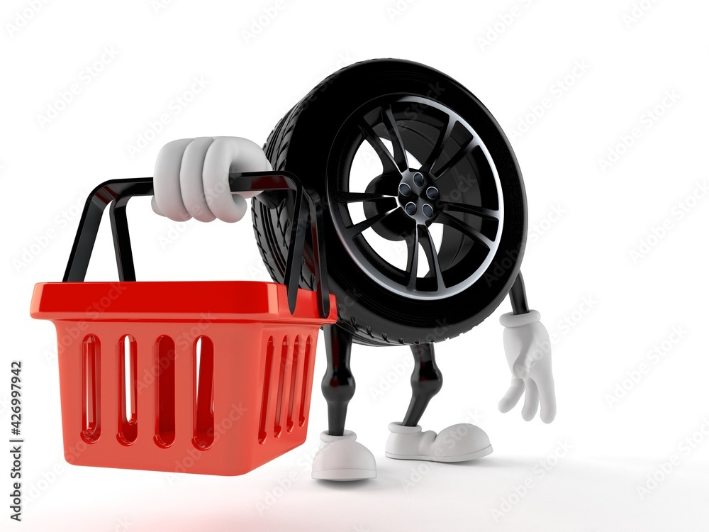 Poster car wheel character holding empty shopping basket