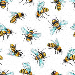 Watercolor and Ink Honey Bees Seamless Pattern