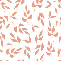 Obraz premium Pink dusty delicate abstract leaves on a white background. Seamless floral botanical pattern. Hand drawn designs for backgrounds, packaging, wallpapers, textiles.