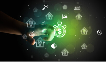 Businessman finger touching on screen multimedia interface with hand drawn currency icons